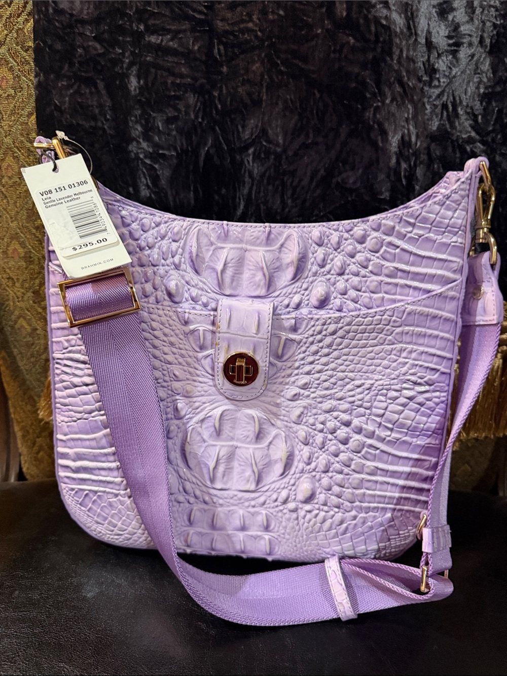 Brahmin Lavender Croc-Embossed Shoulder Bag with Adjustable Strap